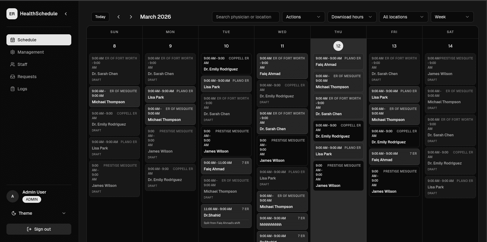 ER Schedule dashboard showing weekly shift schedule with physician assignments across multiple locations